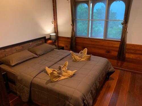 小通奈潘和沃乐格旅馆的一间卧室配有两张带金色枕头的床。