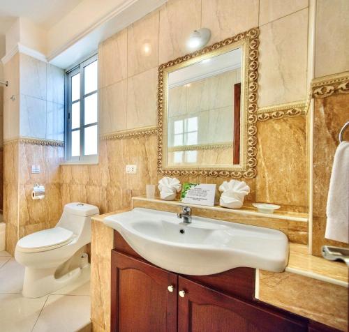 圣多明各Hotel Shakey的一间带水槽、卫生间和镜子的浴室