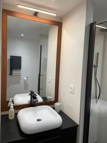 卡普费雷Au Phare du Cap的浴室设有白色水槽和镜子