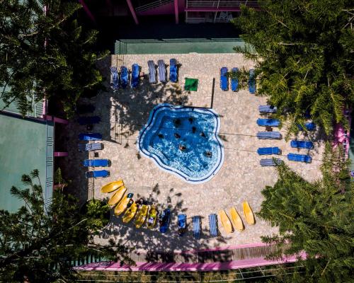 阿齐欧斯·贡多斯The Pink Palace Hostel的享有游泳池的顶部景致,设有黄色和蓝色的椅子