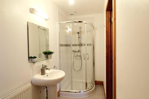 LybsterAcarsaid B&B的带淋浴和盥洗盆的白色浴室