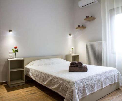 卡斯特拉基翁Paradise of Meteora A的一间卧室配有一张床,上面有两条毛巾