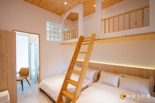三星乡有貓匿鄉村咖啡館民宿的一间卧室配有一张双层床和梯子