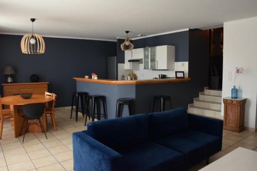 坦耶尔米塔格La Bâtie - Terrasse avec Vue imprenable sur le Rhône, 3 chambres, 3 salles de bain的一间带蓝色沙发的客厅和一间厨房