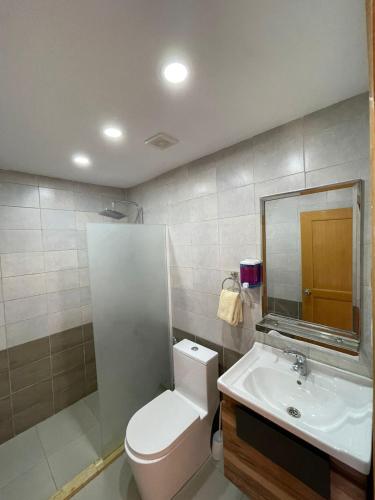 阿杰隆ببالز Ajloun عش وسط الطبيعة - ِAjloun Bubbles Live amid nature的一间带卫生间、水槽和镜子的浴室
