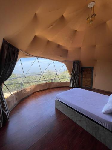 阿杰隆ببالز Ajloun عش وسط الطبيعة - ِAjloun Bubbles Live amid nature的一间卧室设有一张床和一个大窗户