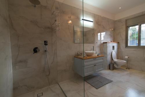 海法King's bed - Stay Royal and Stylish Bahai's Garden的带淋浴、盥洗盆和卫生间的浴室