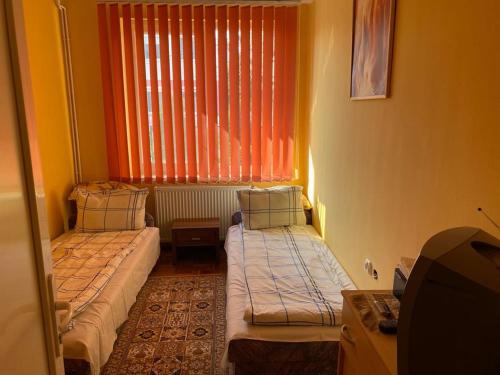 豪伊杜索博斯洛Villa Ani Hajduszoboszlo的小型客房 - 带2张床和窗户