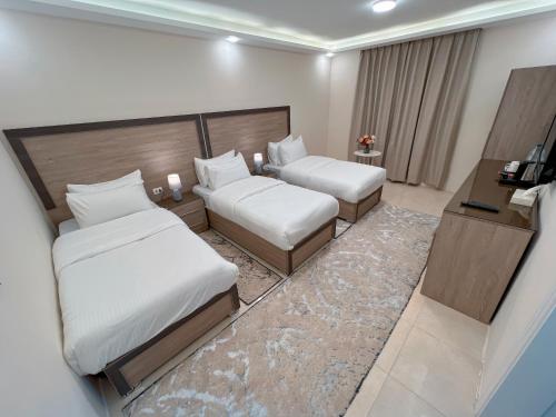 瓦迪穆萨Beit Alshabaan Inn的酒店客房设有两张床和电视。