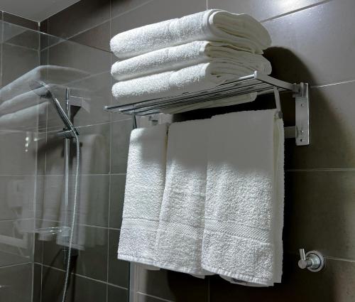 瓦迪穆萨Beit Alshabaan Inn的浴室毛巾架上的一束毛巾