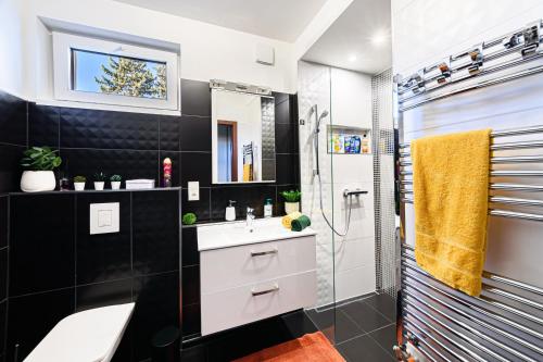 杰尔HÍD19 APARTMAN GYŐR BELVÁROS-FREE PARKING-TERRACE az RQ VÍZI ÉLMÉNYPARK ÉS GYÓGYFÜRDŐNÉL的浴室配有白色水槽和淋浴。