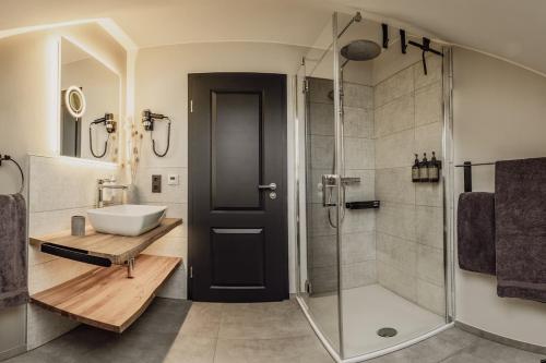 温特贝格Asten-Chalets的带淋浴、盥洗盆和卫生间的浴室