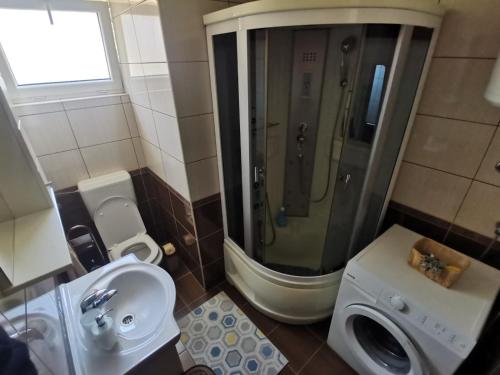 特雷比涅Apartman Andrija的带淋浴、卫生间和盥洗盆的浴室