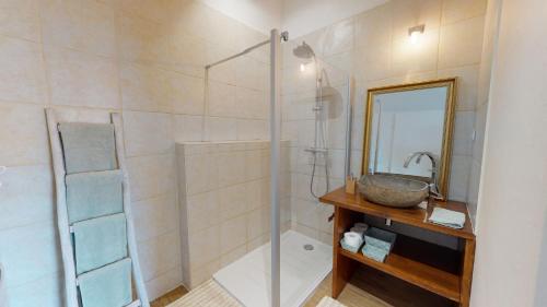 塞塞尔Le Paradis des Gen(t)s的带淋浴、水槽和镜子的浴室