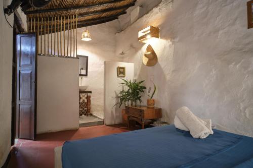 希龙Hostal Colonial de Santander的一间位于客房内的蓝色床卧室