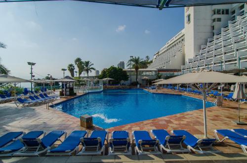 提比里亚Club Hotel Tiberias - Suites Hotel的一个带蓝色躺椅的游泳池和一间酒店