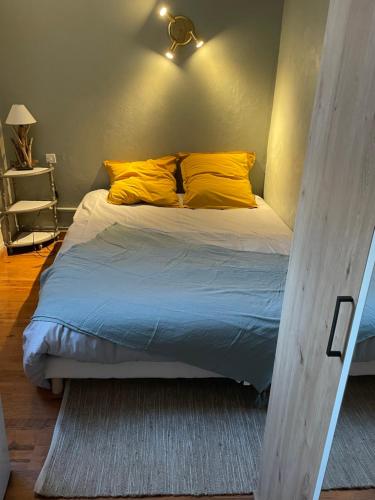 滨海吕克Superbe appartement front de mer的一间卧室配有一张带黄色枕头的床