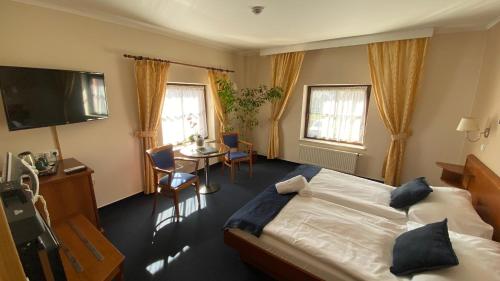 赫拉尼采金鹰城堡酒店的一间卧室配有一张床、一张桌子和一台电视
