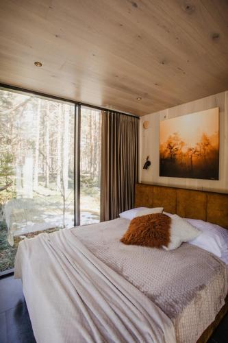 PunakiviÖÖD Hötels Laheranna SUME -with sauna的一间卧室设有一张床和一个大窗户