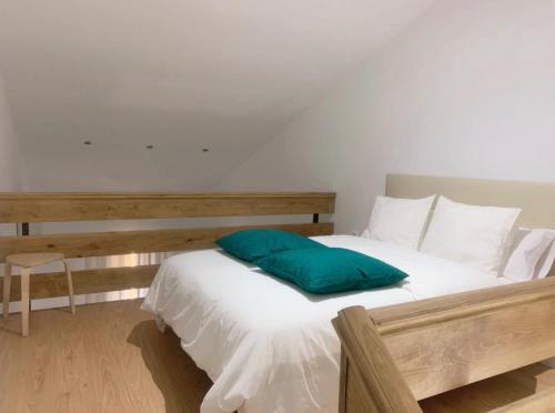 卡塞雷斯PUERTA DE CACERES Apartamento 4的一间卧室配有一张带绿色枕头的床