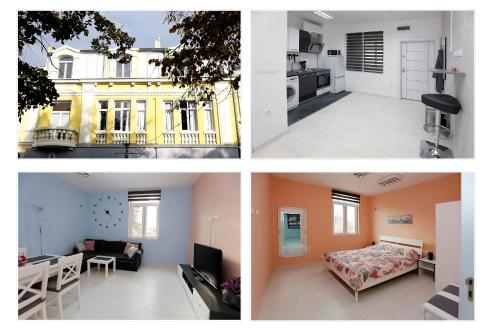 布尔加斯Lux Apartment " Central street "的三个不同的景色,一个客厅和一个厨房