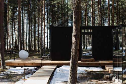 PunakiviÖÖD Hötels Laheranna SÄRA -with sauna的树林中的黑色房子,有树
