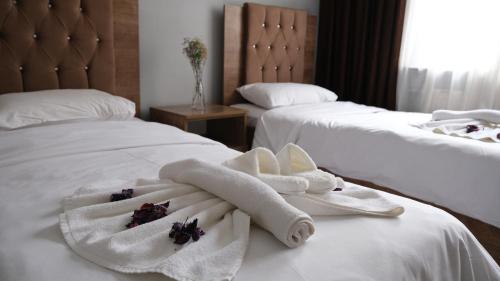 伊斯坦布尔BIG MOLLS HOTEL的酒店客房,配有两张带毛巾的床