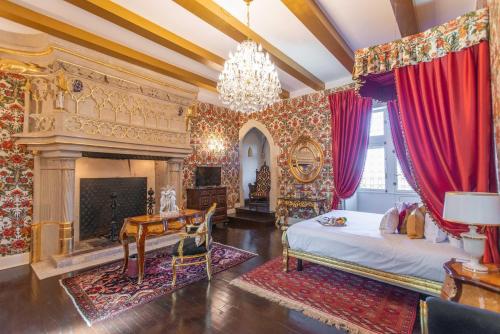 舍内赫特勒斯图弗Chateau Le Prieuré Saumur - La Maison Younan的一间卧室设有壁炉、一张床和一个吊灯。