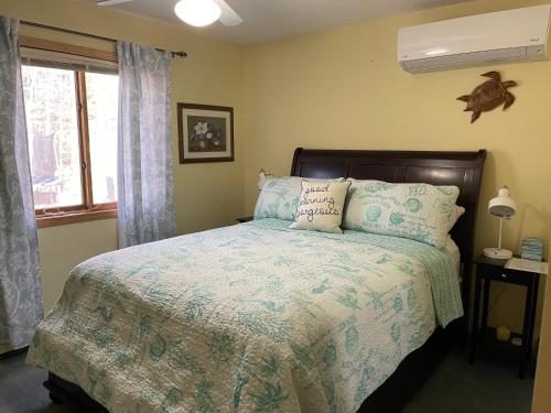 特拉弗斯城Amy’s lake house的一间卧室设有一张床和一个窗口