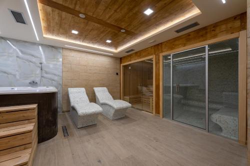 兹拉蒂博尔Apartman 65 Zlatibor的浴室设有2把凳子和玻璃淋浴间。