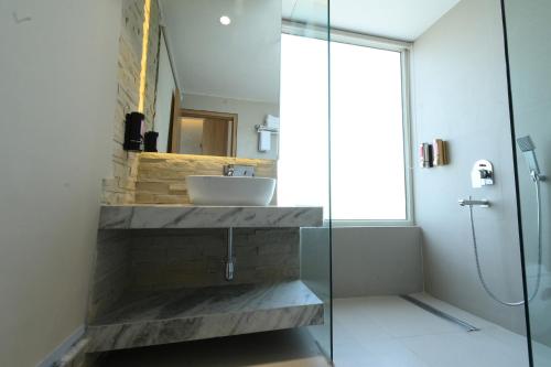钱德加尔HOTEL KLG ALTORIA的一间带水槽和玻璃淋浴的浴室