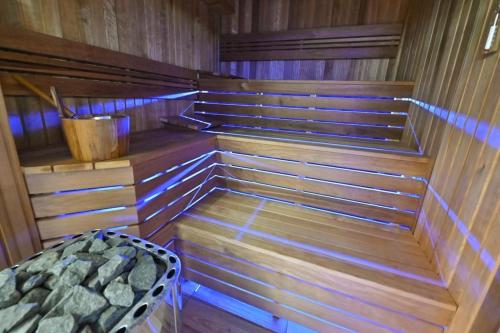 格鲁德柴兹Hotel Rudnik的一个带木制台阶的桑拿浴室,