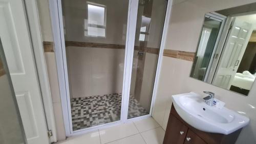 派恩敦Bayside Hotel Pinetown的带淋浴、盥洗盆和镜子的浴室