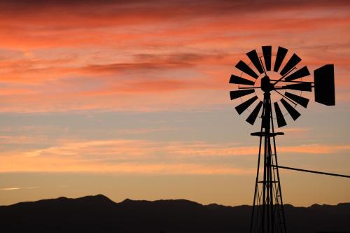 阿马戈萨山谷Tarantula Ranch Campground & Vineyard near Death Valley National Park的日落前风车的轮廓