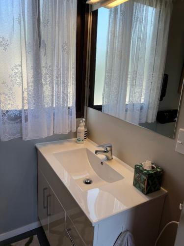 拉塞尔Nana Glads of Russell的浴室设有白色水槽和镜子