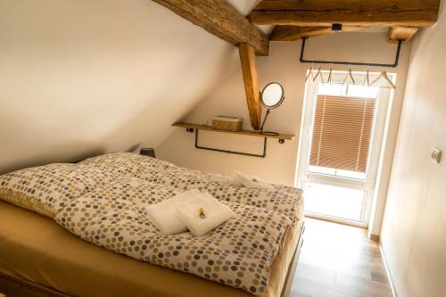 吕本瑙Lübbenauer Spreewaldnest的一间带床的卧室,位于带窗户的房间内