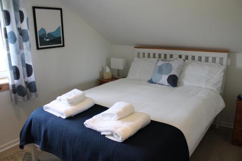 邓韦根The Loft at Strathardle - Lochside Apartment, Isle of Skye的一间卧室配有一张床,上面有两条毛巾