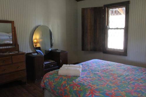 勒弗戴尔Lovedale Cottages Hunter Valley的一间卧室配有一张床、梳妆台和镜子