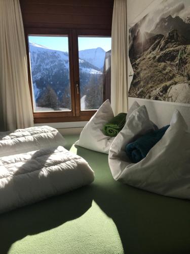 贝尔瓦尔德Lärchenwald Lodge的客房设有2个白色枕头和窗户。