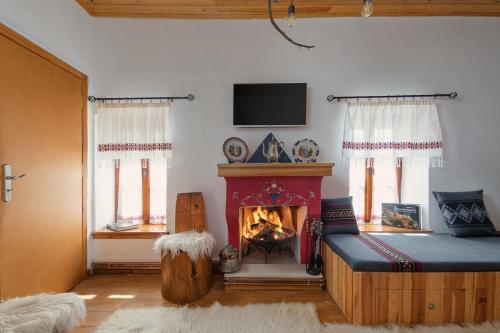 莫诺登德里Archontiko Rapti Stone Traditional House的客厅设有壁炉、沙发和电视。