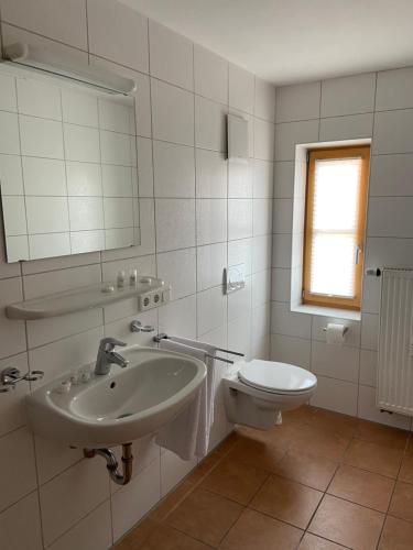 基普芬贝格Der Limes Kipfenberg的白色的浴室设有水槽和卫生间。