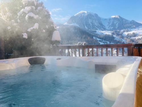 马尼戈Chalet Alpaga Location de prestige的享有雪山美景的热水浴池