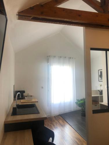 绍莱studio moderne et confortable Le nid的厨房设有水槽和窗户。