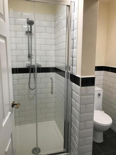 MaugholdThe Glen Mona Hotel的浴室设有玻璃淋浴间和卫生间