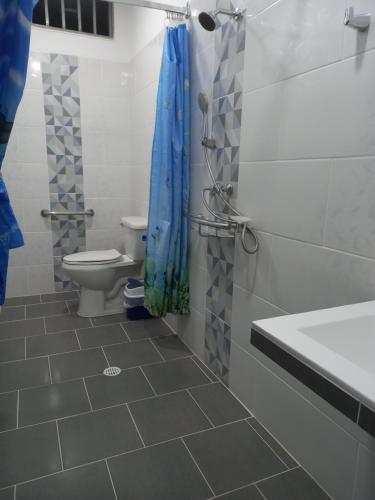 比利亚维哈Proyecto MOONLIGHT的浴室设有卫生间和蓝色的浴帘。