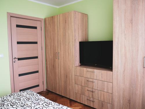蒂米什瓦拉Modern Room With A Great Sunrise的一间卧室设有娱乐中心,配有平面电视。