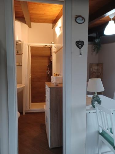 希拉IL Ritratto casa vacanza的带淋浴和台灯书桌的厨房