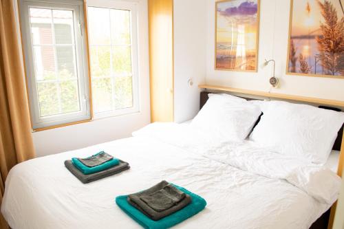BaarlandChalet 't zeeuwse genot的一间卧室配有一张床,上面有两条毛巾