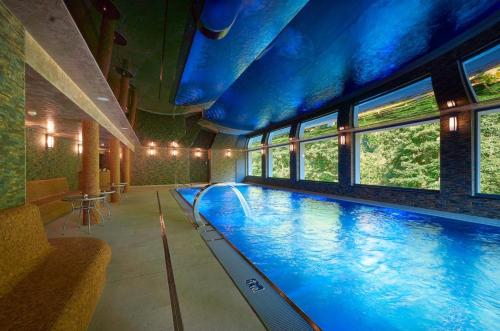 Pirkenhammer绿色天堂健康酒店的一座大型游泳池,位于一座带窗户的建筑内