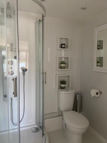 Horsleycontemporary quiet countryside retreat的白色的浴室设有卫生间和淋浴。